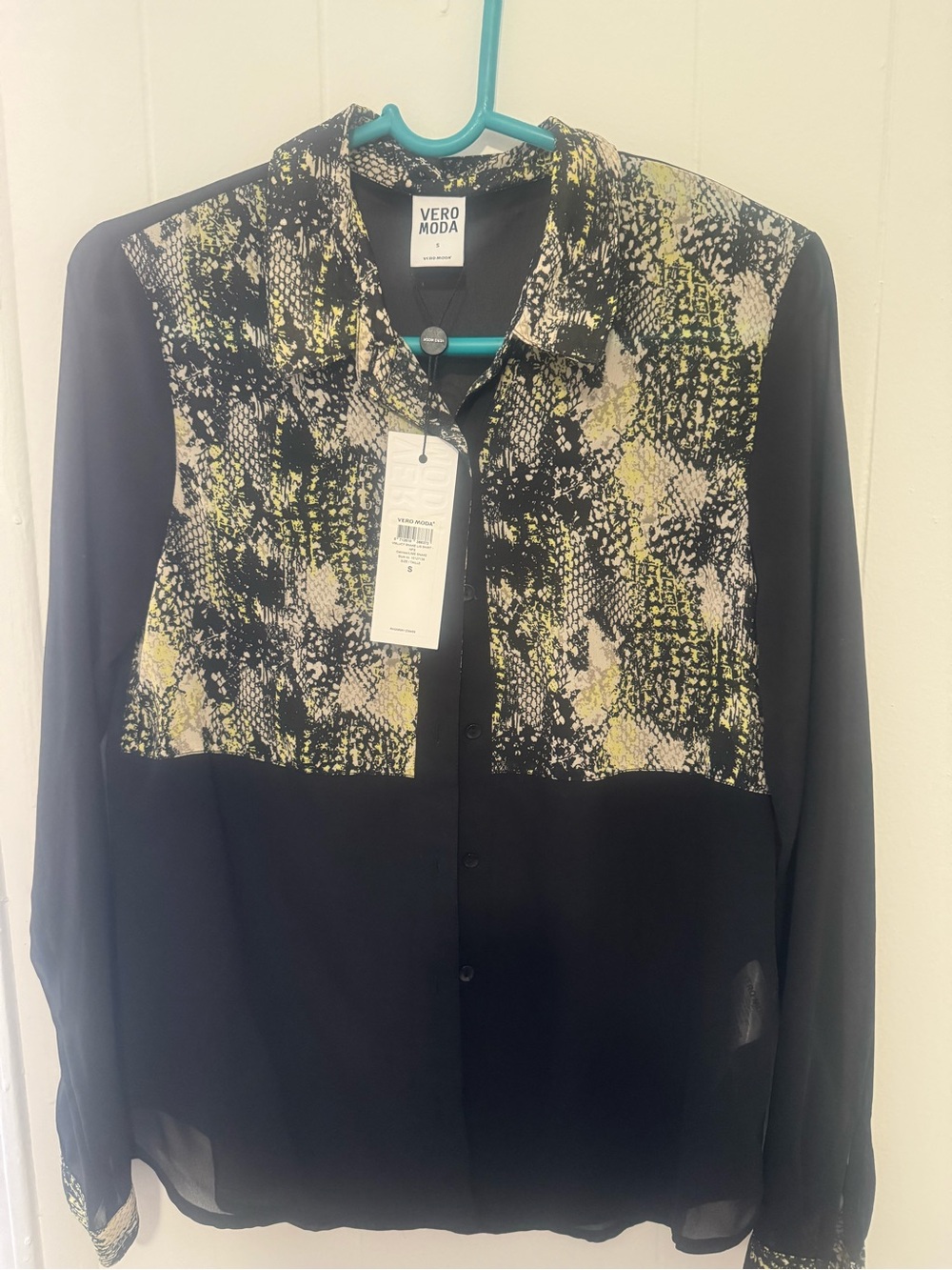 Vero Moda Black Blouse with Yellow and Gray Snake Print